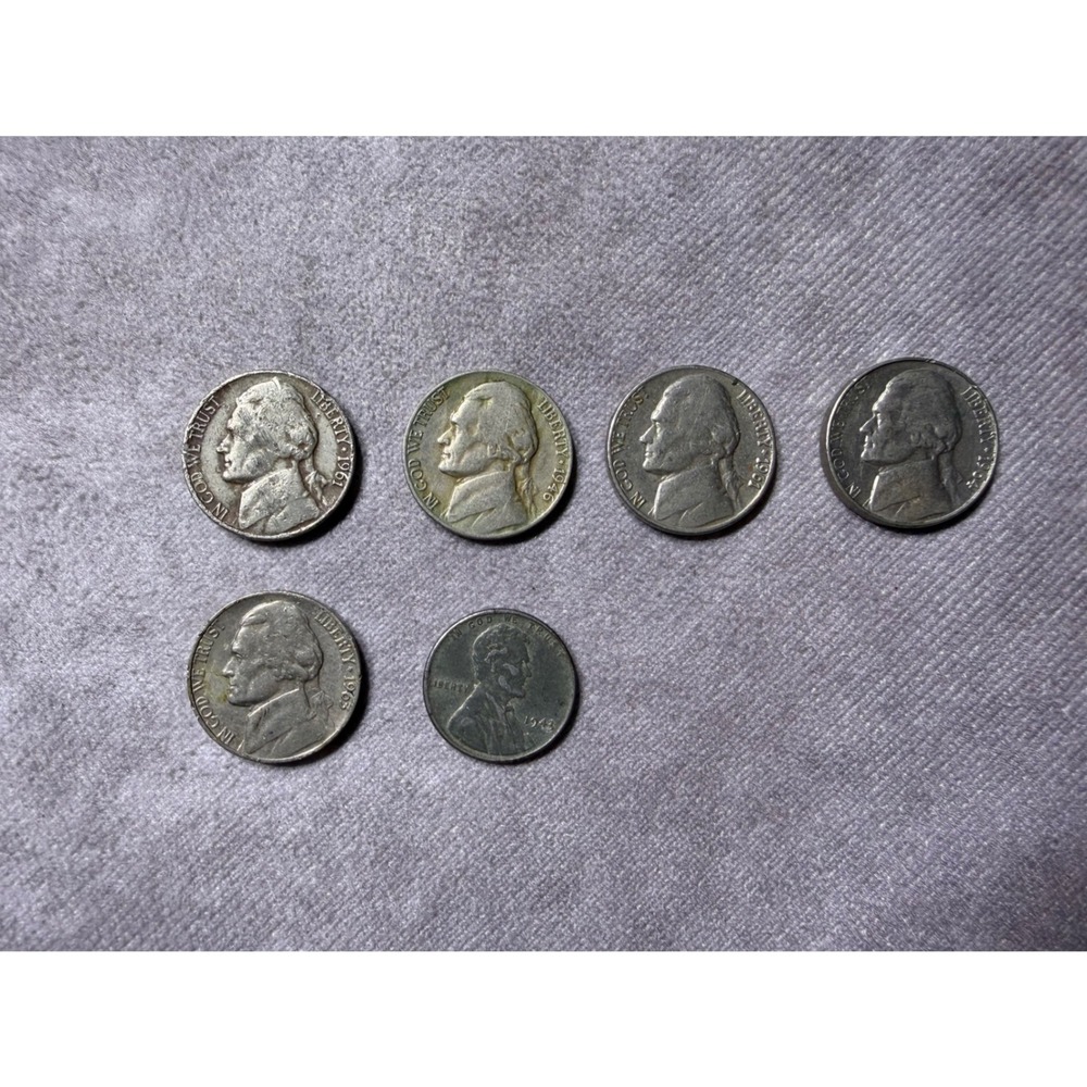 Vintage US Coin Lot 1942 Wheat Penny 1946 1961 1964 1965 Jefferson Nickels 6pc